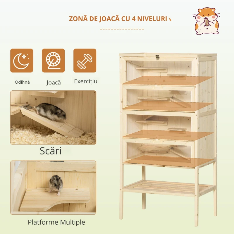 PawHut Cusca pentru Rozitori si Hamsteri cu 4 Rafturi cu Acoperis Trapa in Lemn 60x40x120cm