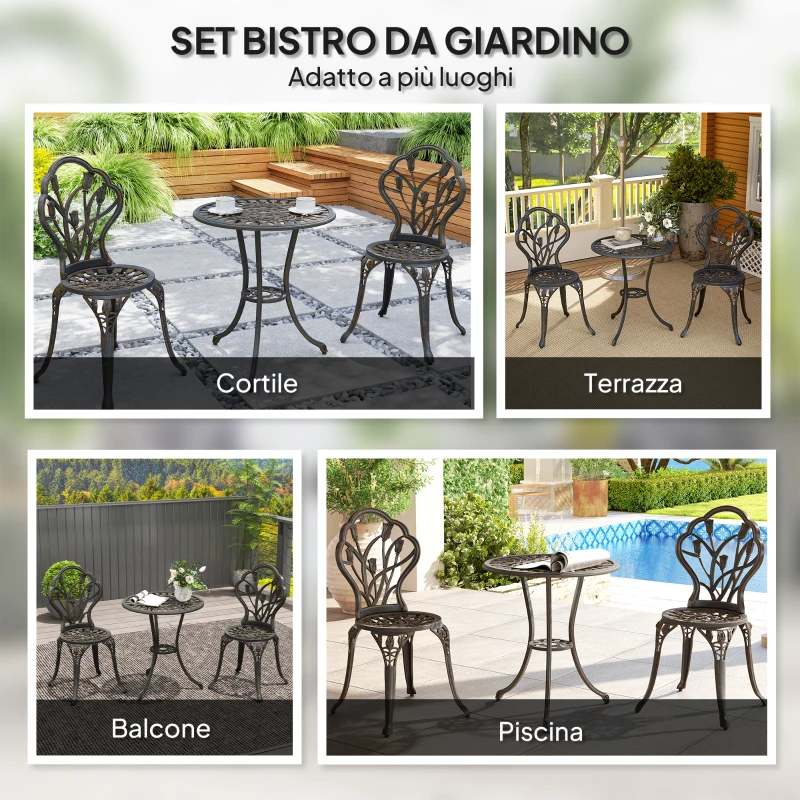Outsunny Set da Esterno 3 Pezzi con 2 Sedie da Giardino e Tavolo Rotondo con Foro per Ombrellone, Bronzo
