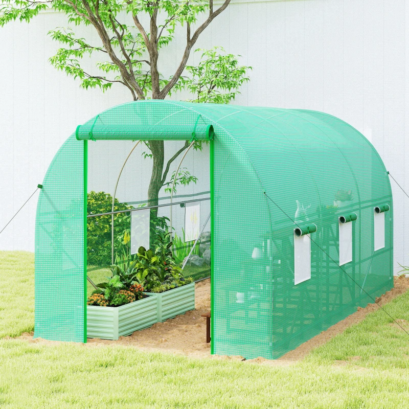 Outsunny Serre tunnel de jardin 8 m², serre de jardin tunnel avec porte et 6 fenêtres, bâche PE 140 g/m² 400 x 200 x 200 cm vert