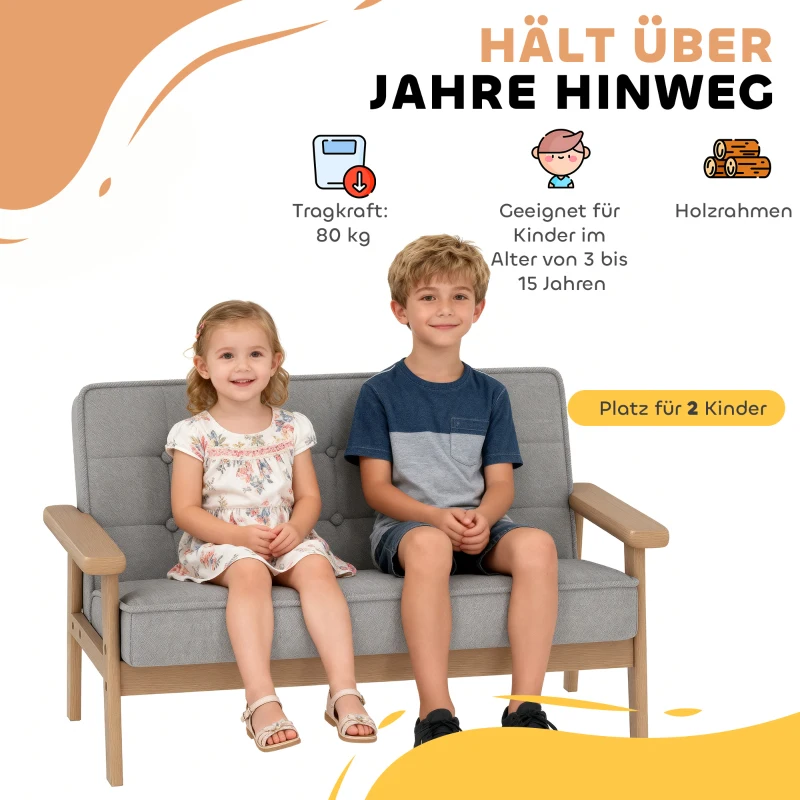 AIYAPLAY Kindersessel, Kindersofa mit Holzrahmen, Samtoptik, gepolstert, für Kinder von 3-15 Jahren Grau