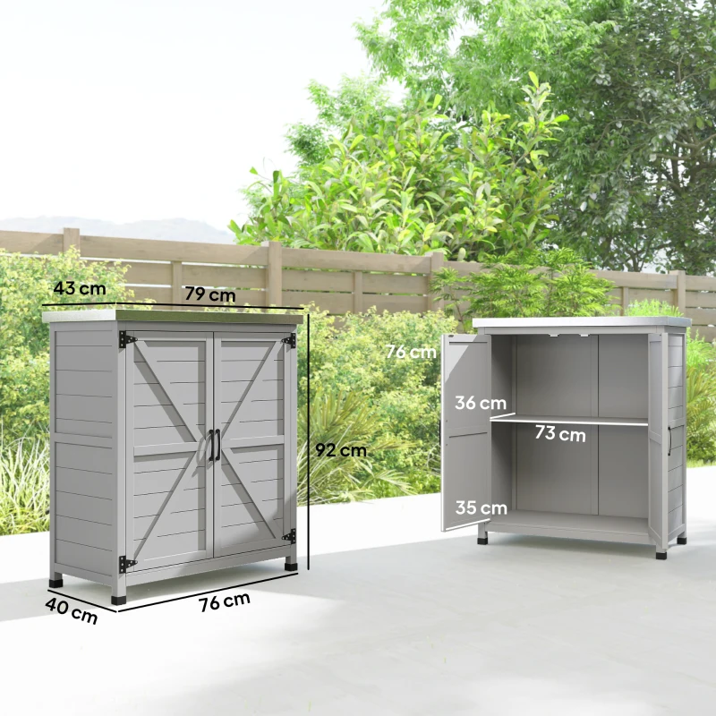 Outsunny Gartenschrank, Außenschrank mit Arbeitsfläche, Werkzeugschrank, Massivholz, Stahl, 79B x 43T x 92H cm, Grau(m-3)