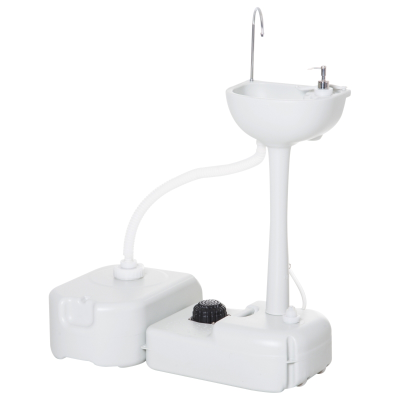 Outsunny Fregadero Portátil Lavamanos para Actividades al Aire Libre o Camping con Tanques de Recuperación de Agua 17 L Dispensador de Jabón Y 2 Ruedas HDPE 83x50x103 cm Gris Claro