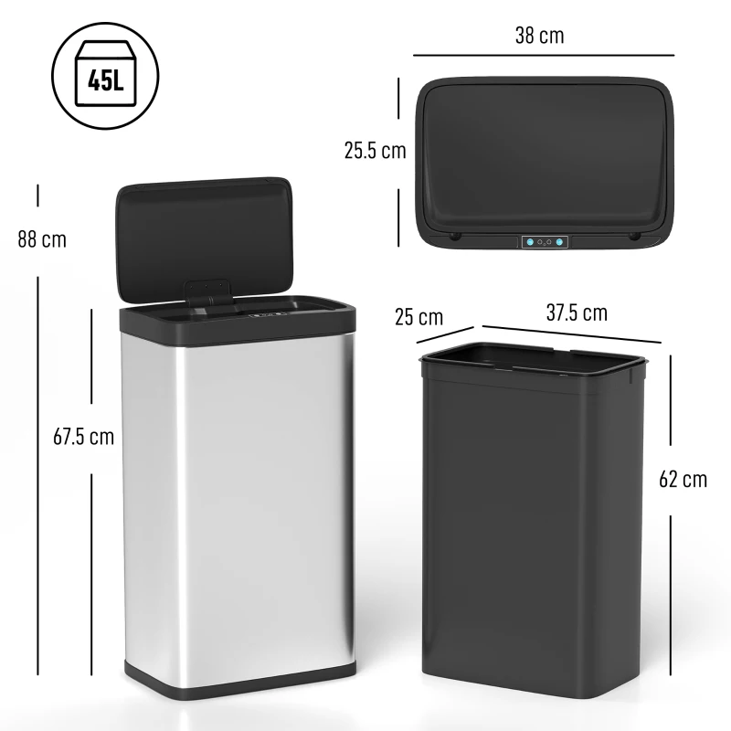 HOMCOM 45L Stainless Steel Sensor Bin - Silver Tone