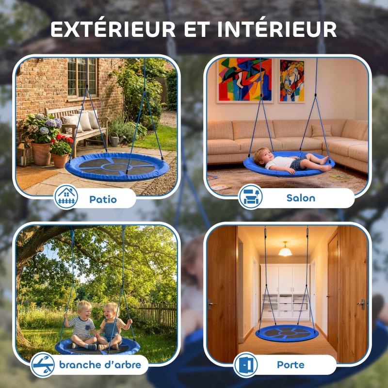 AIYAPLAY Balançoire nid d'oiseau, balançoire pour 2 enfants avec cordes réglables en hauteur, siège rond Ø 80 cm, bleu