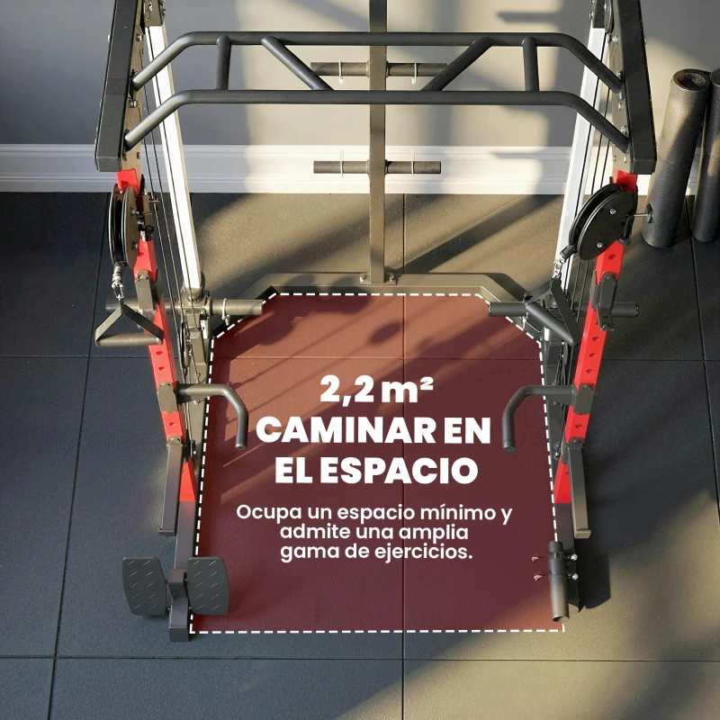 SPORTNOW Jaula de Potencia Smith Machine, Rack para Sentadillas con Sistema Polea Ajustable Barra Dominadas y Estación de Fondos