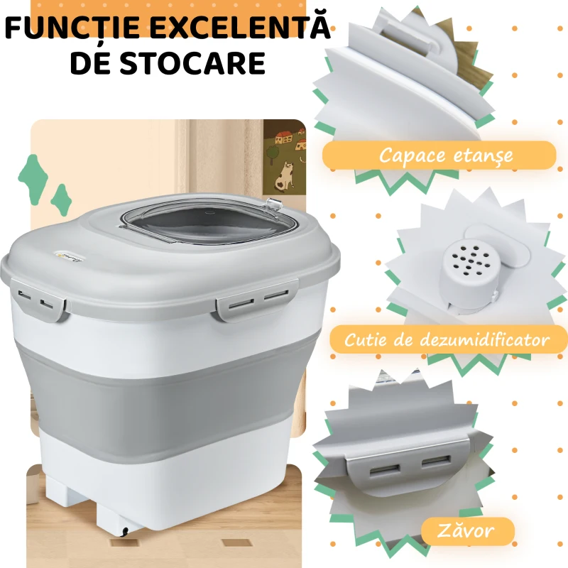PawHut Recipient hrană câini, capacitate 5-25L, cu închidere ermetică și cutie de dezumidificare, din PP și TPE, 44x32x37 cm, gri