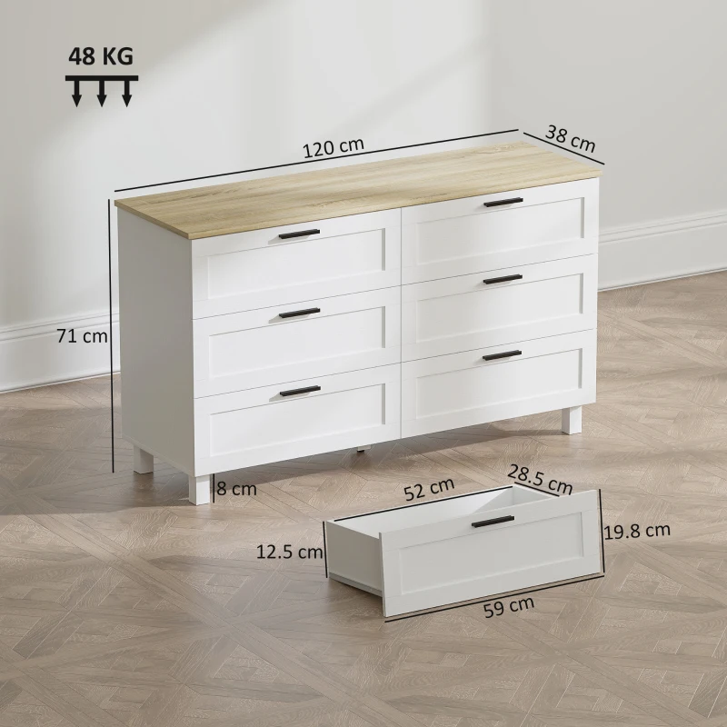 HOMCOM Comodă Modernă cu 6 Sertare din PAL, Lemn de Pin și MDF, 120x38x71 cm, Alb și Efect Lemn