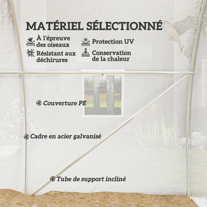Outsunny Serre de jardin tunnel 9 m² 4 fenêtres, porte zippée enroulable châssis acier galvanisé, bâche PE 3 x 3 x 2 m blanc