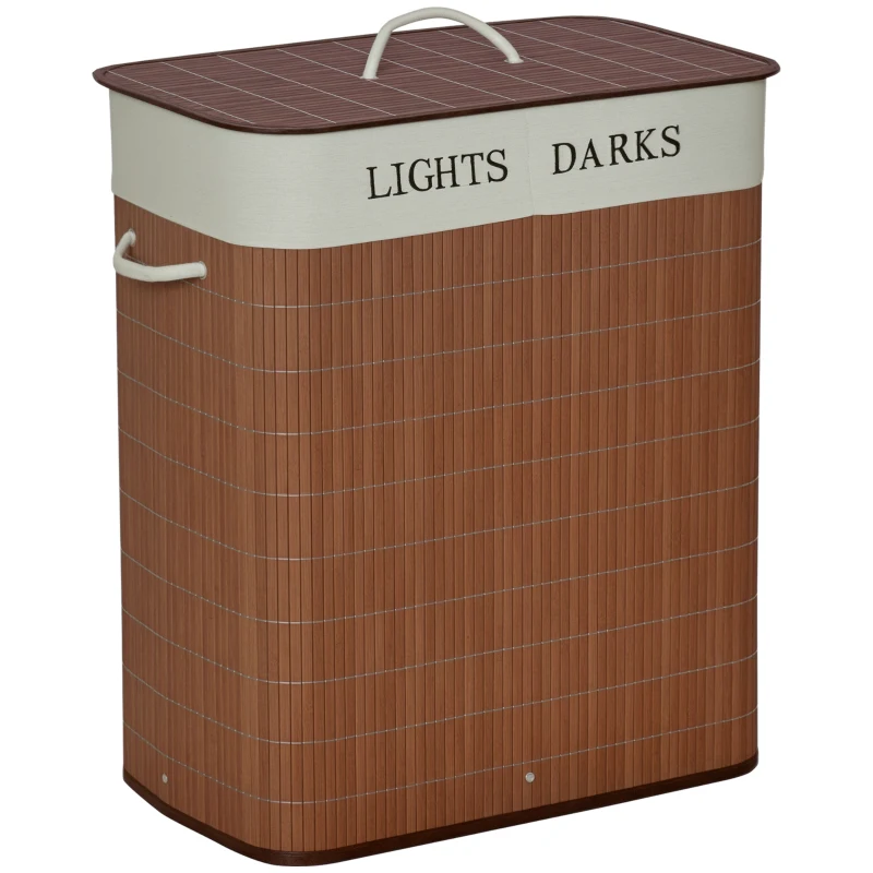 HOMCOM Panier à linge 100L avec 2 bacs bambou pliable couvercle poignée avec Sac amovible et lavable marron