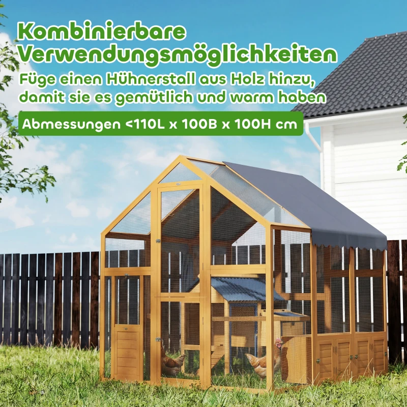 PawHut Hühnerstall 3,07㎡ Freilaufgehege Holz mit wasserdichtem Tuch, Sicherheitsschloss, für 6-8 Hühner 1,7 x 1,8 x 1,8 m
