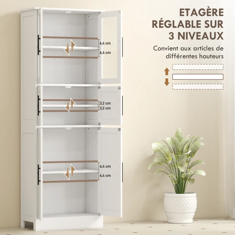 HOMCOM Meuble de salle de bain, meuble de rangement 6 niveaux, 6 portes dont 2 vitrées, étagères réglables, 60x30x170cm, blanc