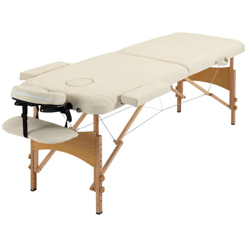 HOMCOM Portable Massage Bed, Foldable Spa Beauty Massage Table with 2 Sections, Carry Bag and Wooden Frame, Cream White