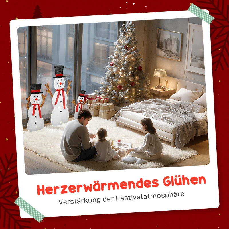 Outsunny 3-teilige weihnachtliche Schneemann-Familie, Außendekoration, LED-Lichter, Bodenpfähle, wasserfest, Stahl, Polyester, Weiß