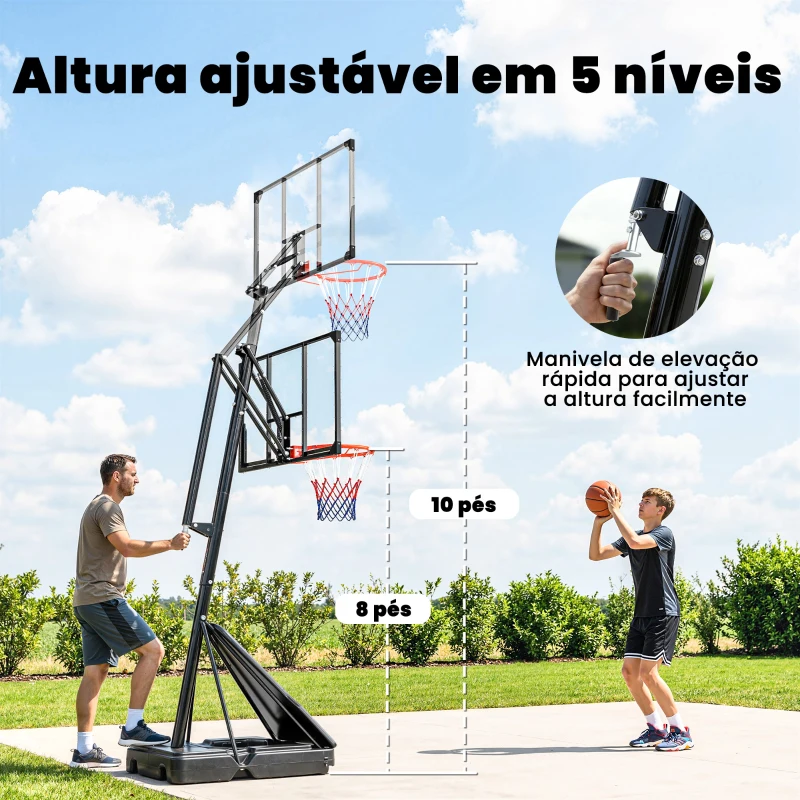 SPORTNOW Tabela de Basquetebol para Exterior Ajustável de 245-305 cm com Rodas Base Preenchível e Sistema de Retorno Preto