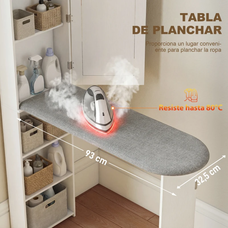 HOMCOM Mueble de Plancha con Espejo Tabla de Planchar Plegable 6 Compartimentos 2 Ganchos 107x35x174 cm Blanco
