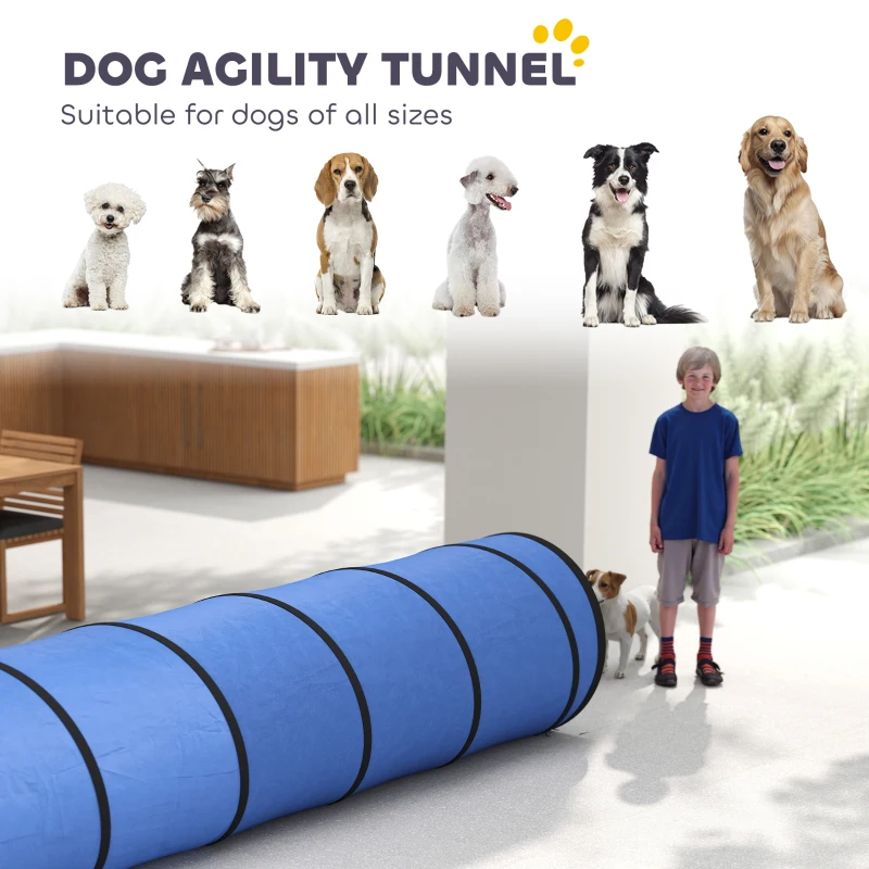 PawHut Dog Tunnel, 500 x 60 cm, Foldable Play Tunnel with 6 Pegs and Bag, Tear-Resistant Outdoor Dog Agility Equipment, Blue