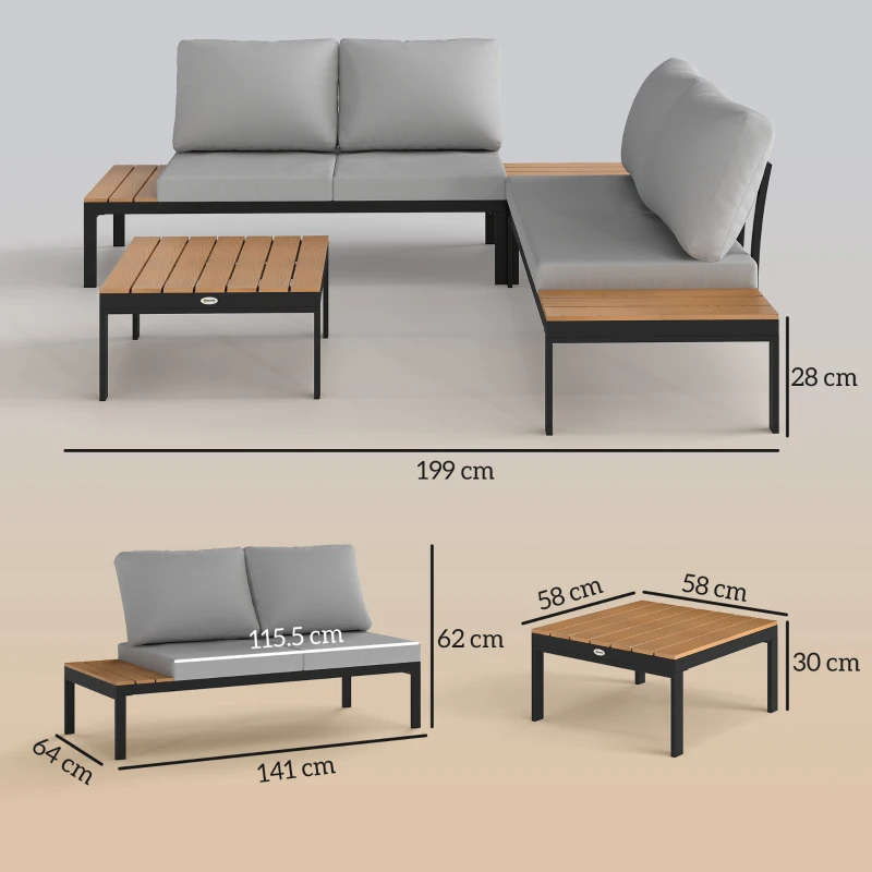 Outsunny Set da Giardino 4 Pezzi con 2 Divanetti 2 Posti e 2 Tavolini in Metallo e Legno Composito, Grigio Nero e Teak