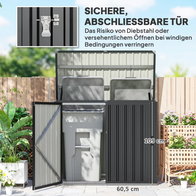 Outsunny Mülltonnenbox für 2 Tonnen Abschließbar Mülltonnenverkleidung mit aufklappbarem Deckel Dunkelgrau