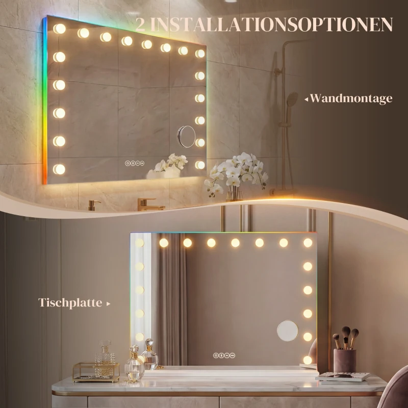 HOMCOM Hollywoodzkie lustro do makijażu z 18 regulowanymi żarówkami LED, 3 kolory, światło RGB, głośnik Bluetooth, 10-krotne powiększenie Białe