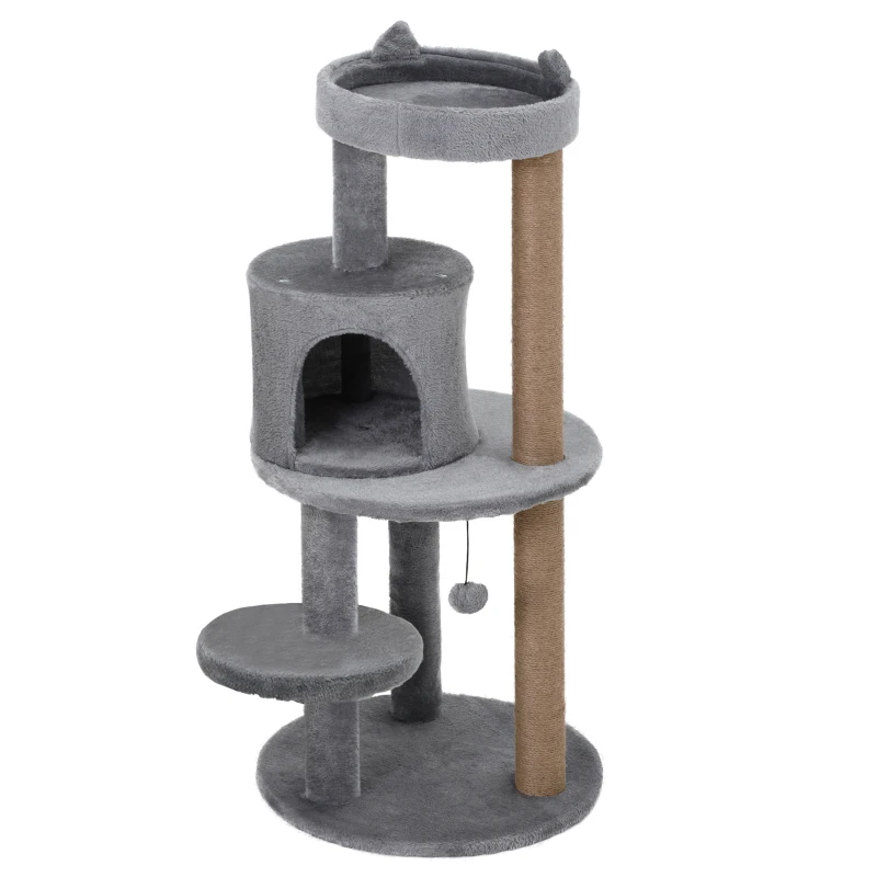 PawHut 104 cm Cat Tree, Cat Condo Tree Tower, Cat Activity Centre with Scratching Posts, Plush Perch, Hanging Ball - Grey