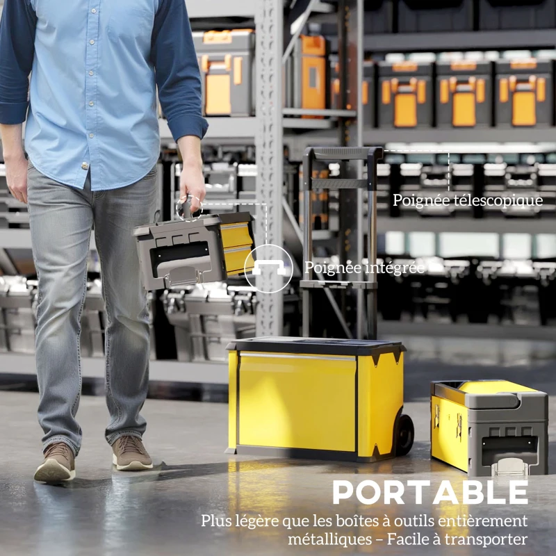 HOMCOM Lot de 3 boîtes à outils sur roulettes empilables et modulaires en acier avec plateau, poignées et serrure, jaune