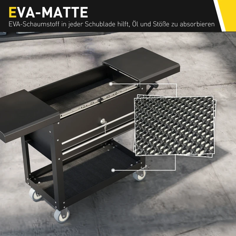 HOMCOM Rollender Werkzeugschrank, Werkzeugkasten mit Schubladen, Arbeitsfläche, verschließbar, mit Griff, Stahl, Schwarz
