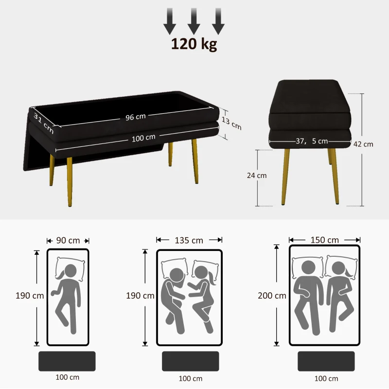 HOMCOM Sitzbank Polsterbank, mit Stauraum, Stahl, 100 cm x 37,5 cm x 42 cm, Schwarz