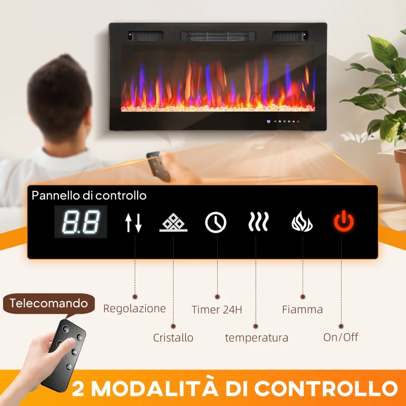 HOMCOM Camino Elettrico da Incasso o a Parete con Temperatura Regolabile, in Acciaio e Vetro, 91.4x9.4x47 cm, Nero