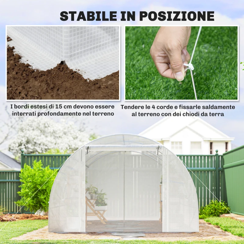 Outsunny Serra a Tunnel con 2 Aste Rimovibili e Porte e Finestre a Rete, in Acciaio Zincato e PE, 396x300x200 cm, Bianco
