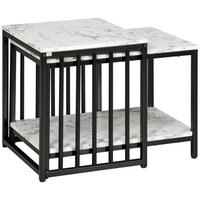 HOMCOM Set of 2 side tables nesting stackable coffee tables with marble-effect wood-look top black metal frame