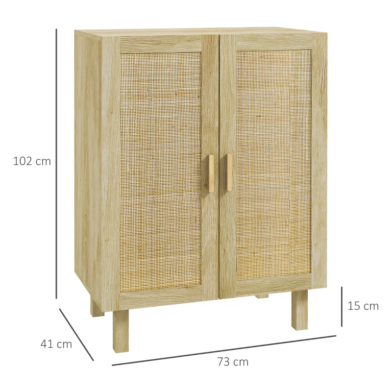 HOMCOM Tall buffet storage cabinet boho design double doors with 3 cane shelves - 73 x 41 x 102 cm