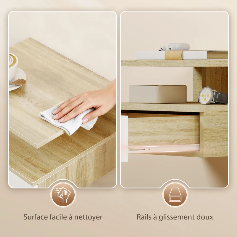 HOMCOM Lot de 2 tables de chevet murales, tables de nuit suspendues avec tiroir coulissant, compartiment ouvert, plateau, style moderne, pour chambre à coucher, 35 x 32 x 22,5 cm, chêne et blanc