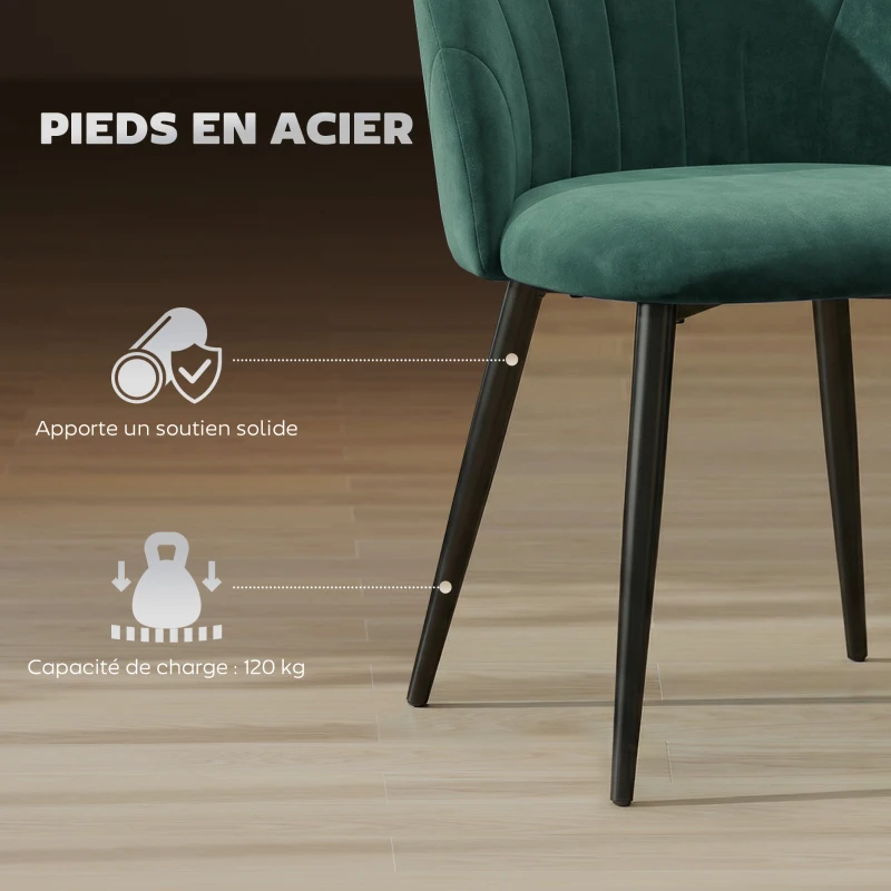 HOMCOM Lot de 2 chaises de salle à manger, chaises de cuisine rembourrées sans accoudoirs, pieds en acier, 52x55x79cm, vert