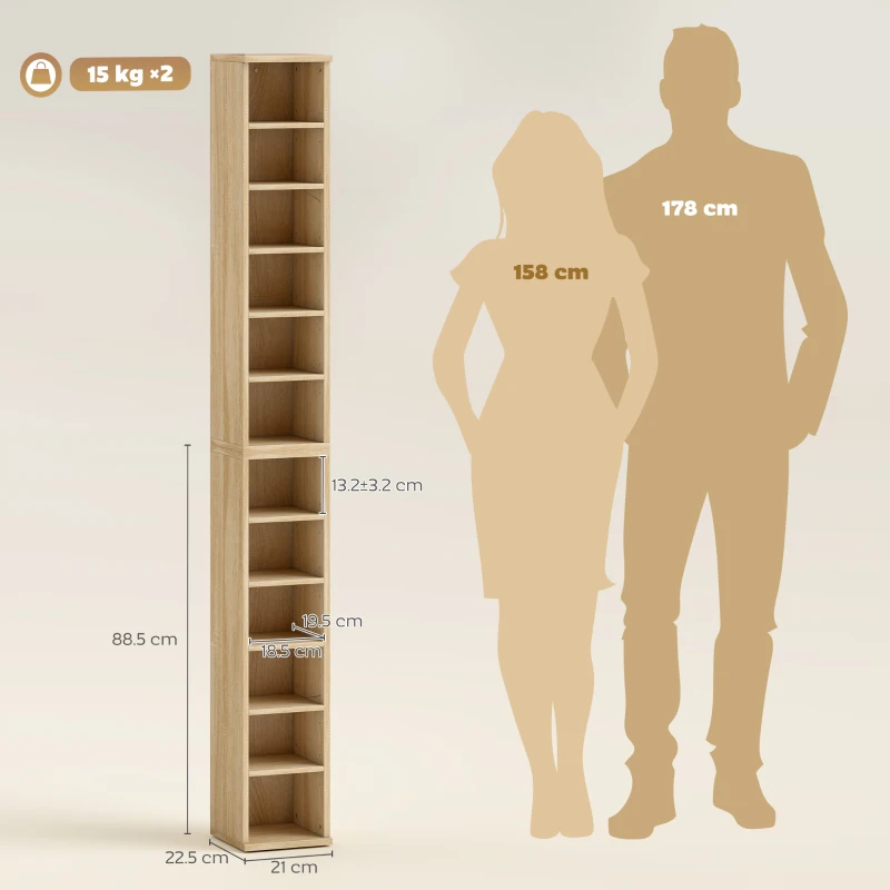 HOMCOM Set of 2 CD Media Display Shelf Unit Tower Rack with Adjustable Shelves, Natural