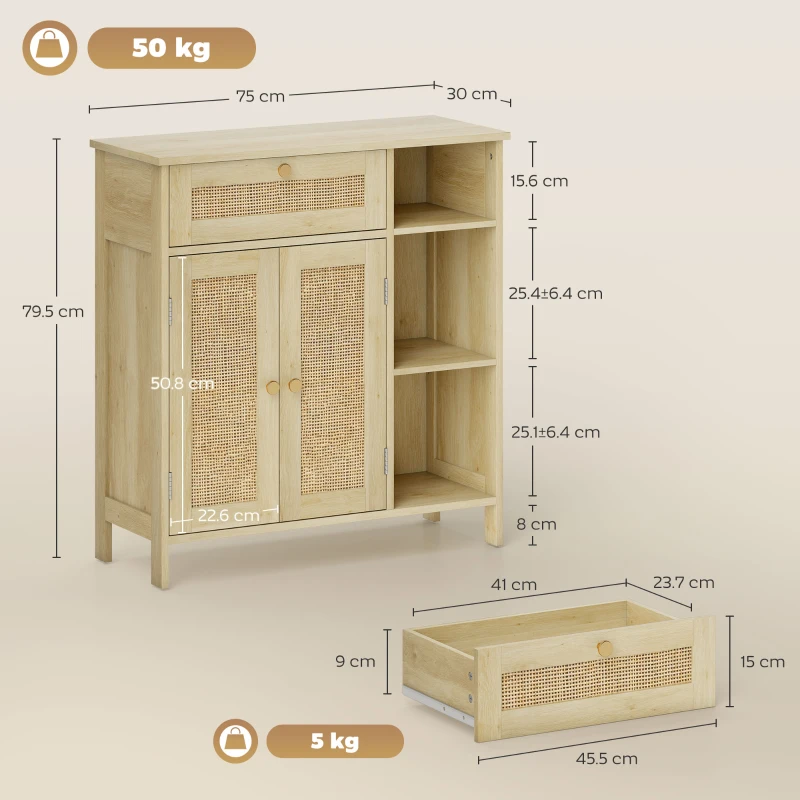 HOMCOM Sideboard, storage cabinet, 2 rattan doors, drawer, open niches, adjustable shelves, 75x30x79.5cm, natural wood