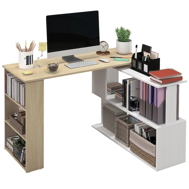 HOMCOM L-shaped desk modular computer desk built-in bookcase + 3-tier shelf white and natural wood