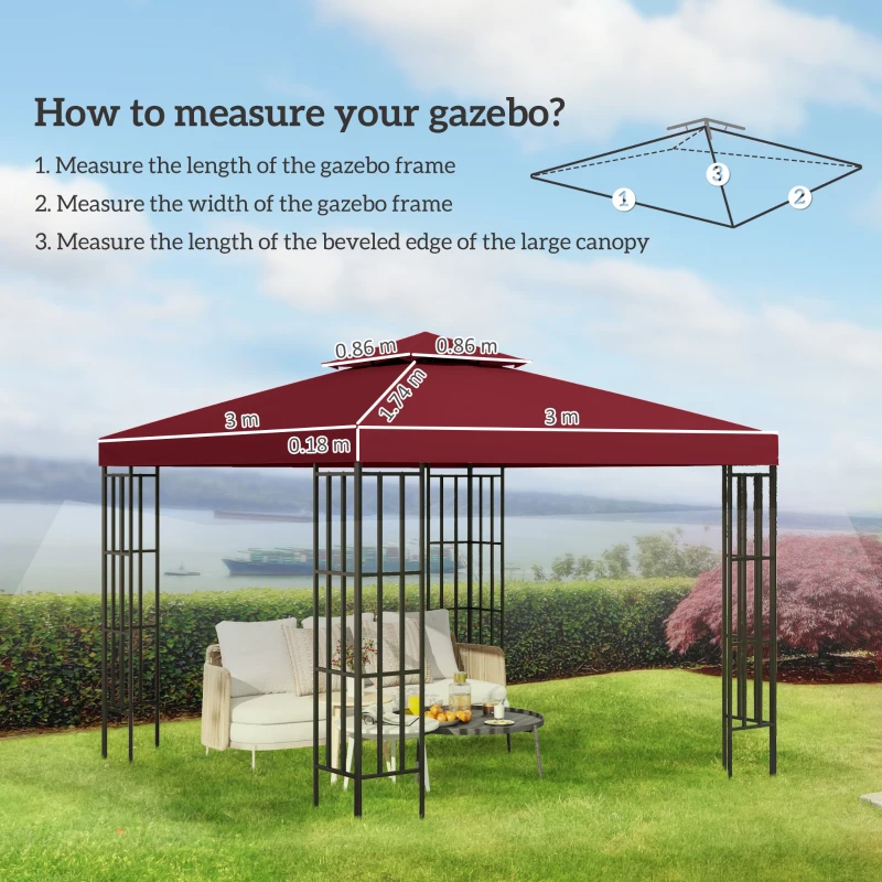 Outsunny Replacement Roof for Garden Pavilion Replacement Canopy for Pavilion Gazebo Tent 3 x 3 m Wine red