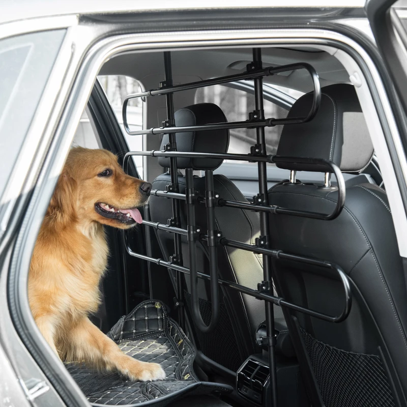 PawHut Adjustable Car Divider for Dogs, Width: 87-135 cm, Height: 85-120 cm, Universal Steel Safety Barrier for Car Trunks, Black
