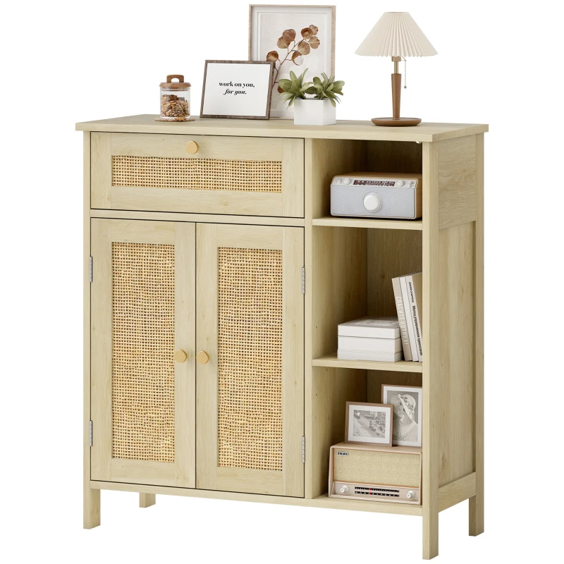 HOMCOM Sideboard, storage cabinet, 2 rattan doors, drawer, open niches, adjustable shelves, 75x30x79.5cm, natural wood