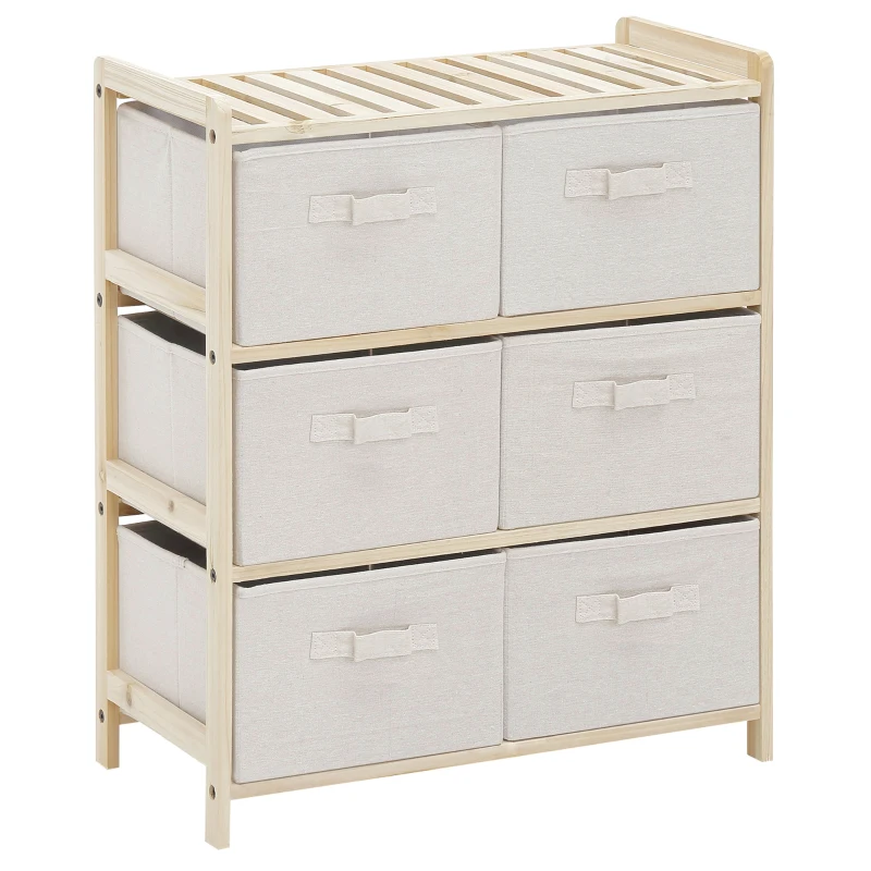 HOMCOM Fabric storage dresser with 6 folding drawers contemporary style pine wood frame for bedroom office living room 59 x 28 x 70 cm natural wood beige