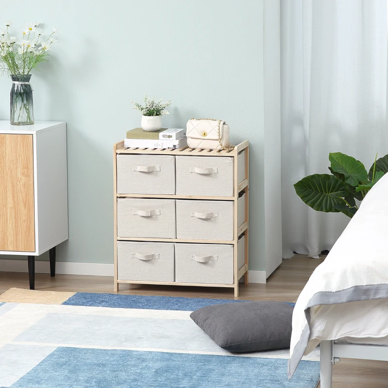 HOMCOM Fabric storage dresser with 6 folding drawers contemporary style pine wood frame for bedroom office living room 59 x 28 x 70 cm natural wood beige