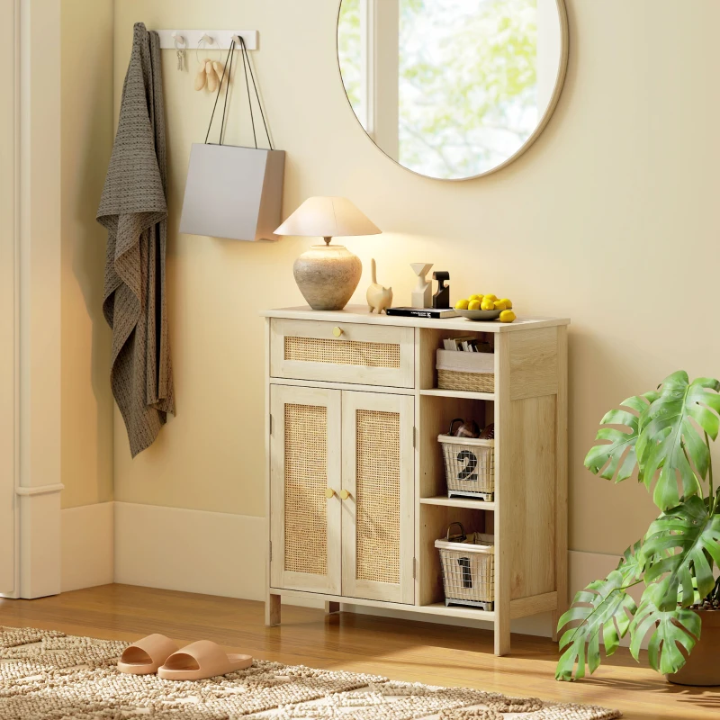 HOMCOM Sideboard, storage cabinet, 2 rattan doors, drawer, open niches, adjustable shelves, 75x30x79.5cm, natural wood