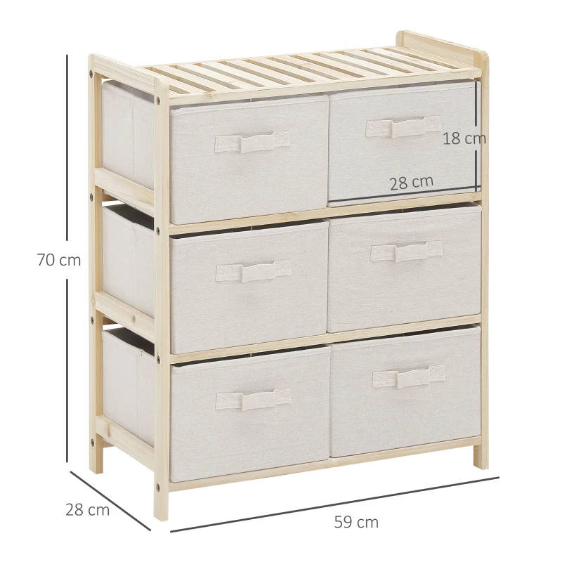 HOMCOM Fabric storage dresser with 6 folding drawers contemporary style pine wood frame for bedroom office living room 59 x 28 x 70 cm natural wood beige