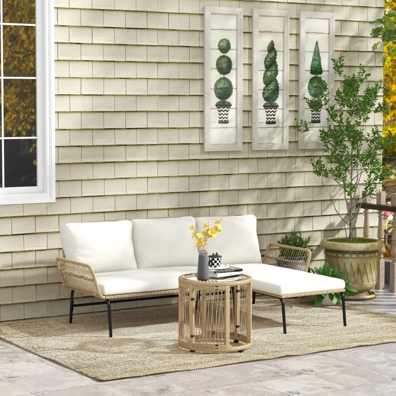 Outsunny Salotto da giardino angolare 3 posti in rattan con chaise longue, Crema