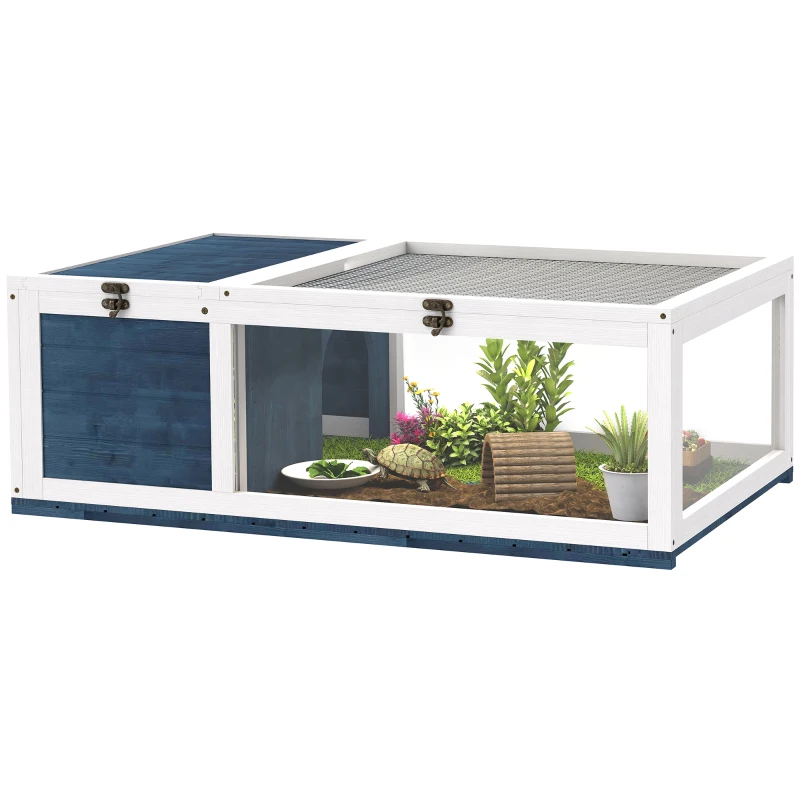 PawHut House enclosure cage habitat for small animals tortoises with 2 spaces 91 x 60.5 x 32 cm solid wood blue