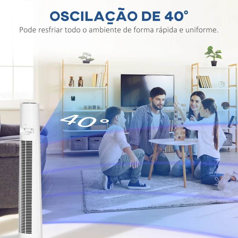 HOMCOM Ventoinha de Torre Silenciosa 50W com Controlo Remoto 3 Velocidades 3 Modos Temporizador 12H Oscilação 40° Branco