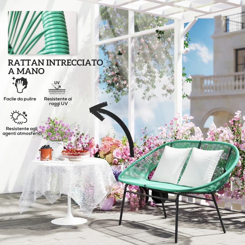 Outsunny Divano da Giardino 2 Posti in Rattan PE e Acciaio con Cuscini e Braccioli, 132x72x83 cm, Verde