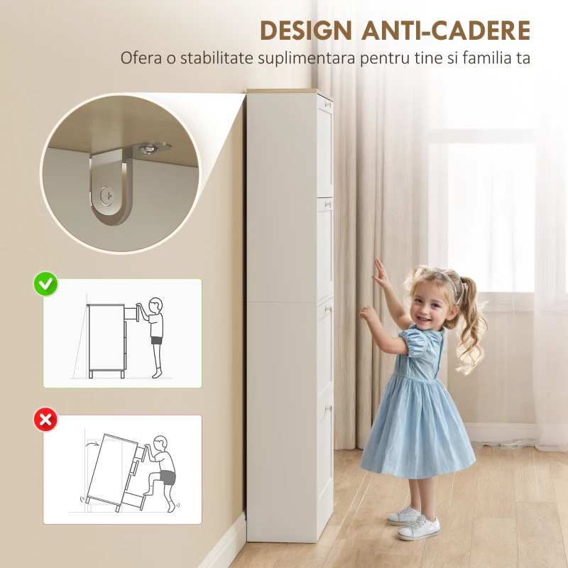 HOMCOM Dulap Îngust pentru Pantofi cu 3 Sertare și Rafturi Reglabile pe 2 Niveluri, 60x23,5x115 cm, Alb