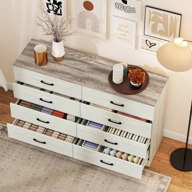 HOMCOM Comodă 8 Sertare Modernă din Lemn, 140x40x86 cm, Nuc și Gri Deschis