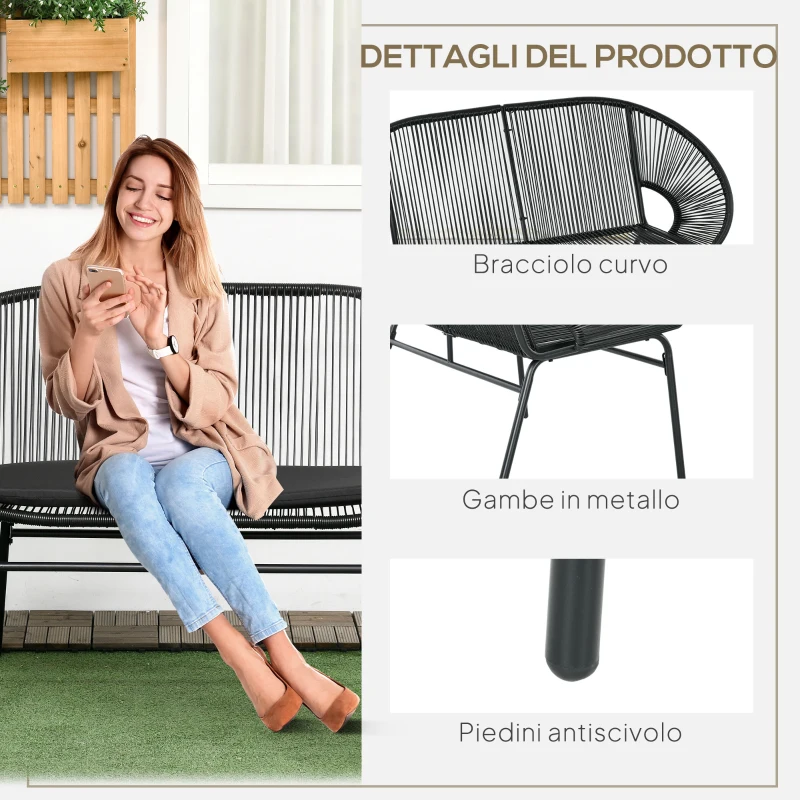 Outsunny Divano da Giardino 2 Posti in Rattan PE e Acciaio con Cuscini e Braccioli, 132x72x83 cm, Nero